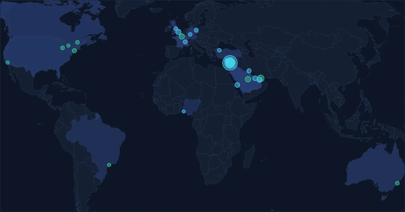 J-Links analytics: a world map of link clicks, with countries shaded by number of clicks and dots where people clicked